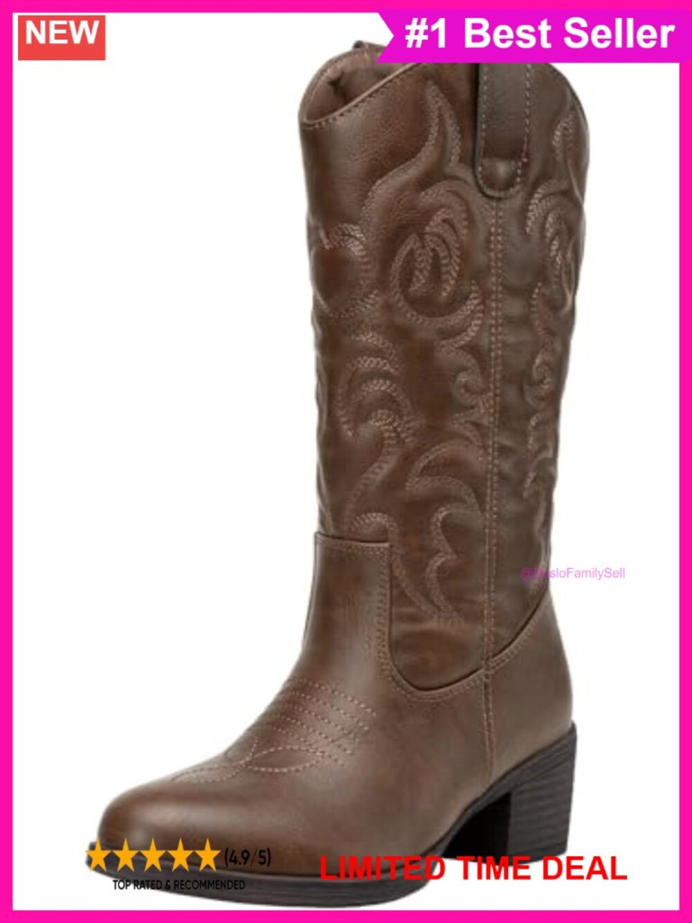 Women's Faux Leather Western Cowboy Boots Round Toe Pull On Mid Calf